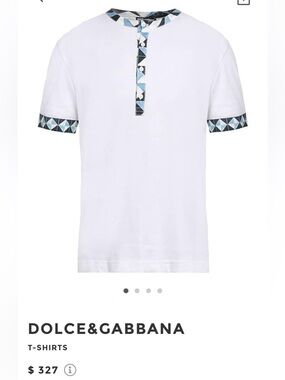 White Short-Sleeve Henley with Blue Geometric Trim by Dolce&Gabbana